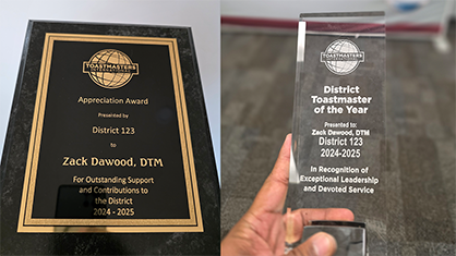 District 123 Appreciation Award & District Toastmaster of the Year October 2025