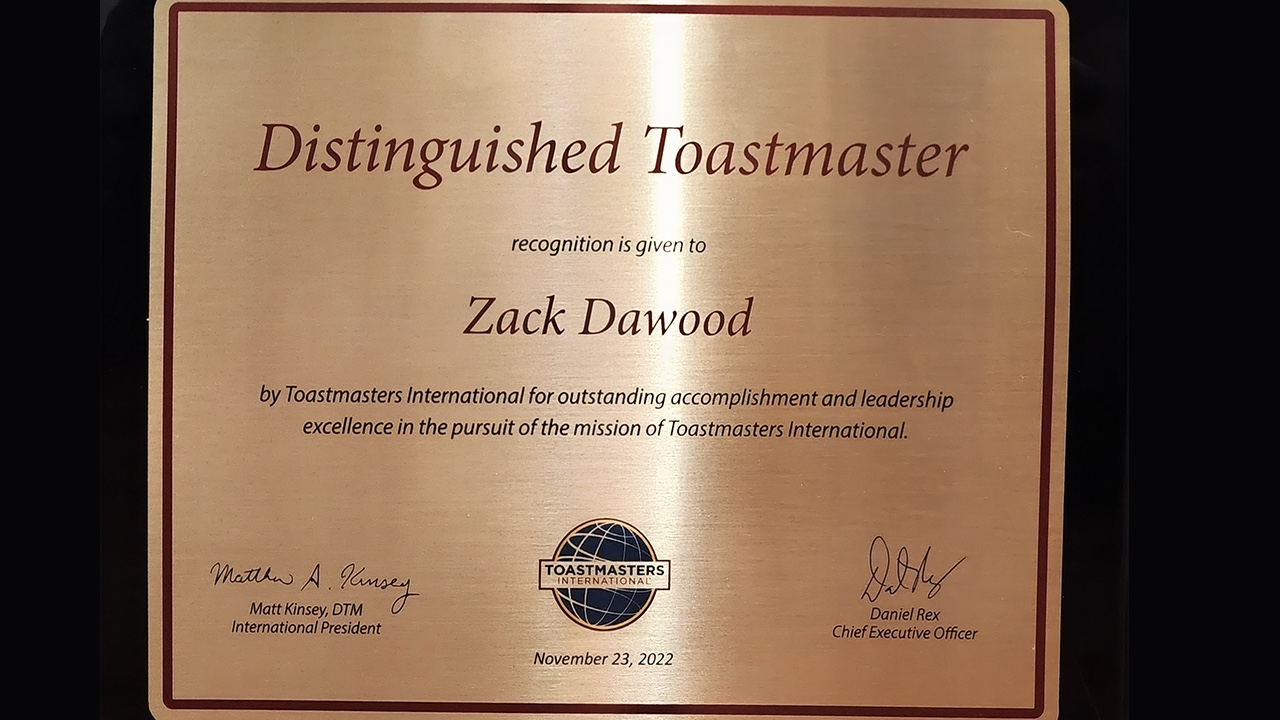 Zack Dawood Distinguished Toastmaster award
